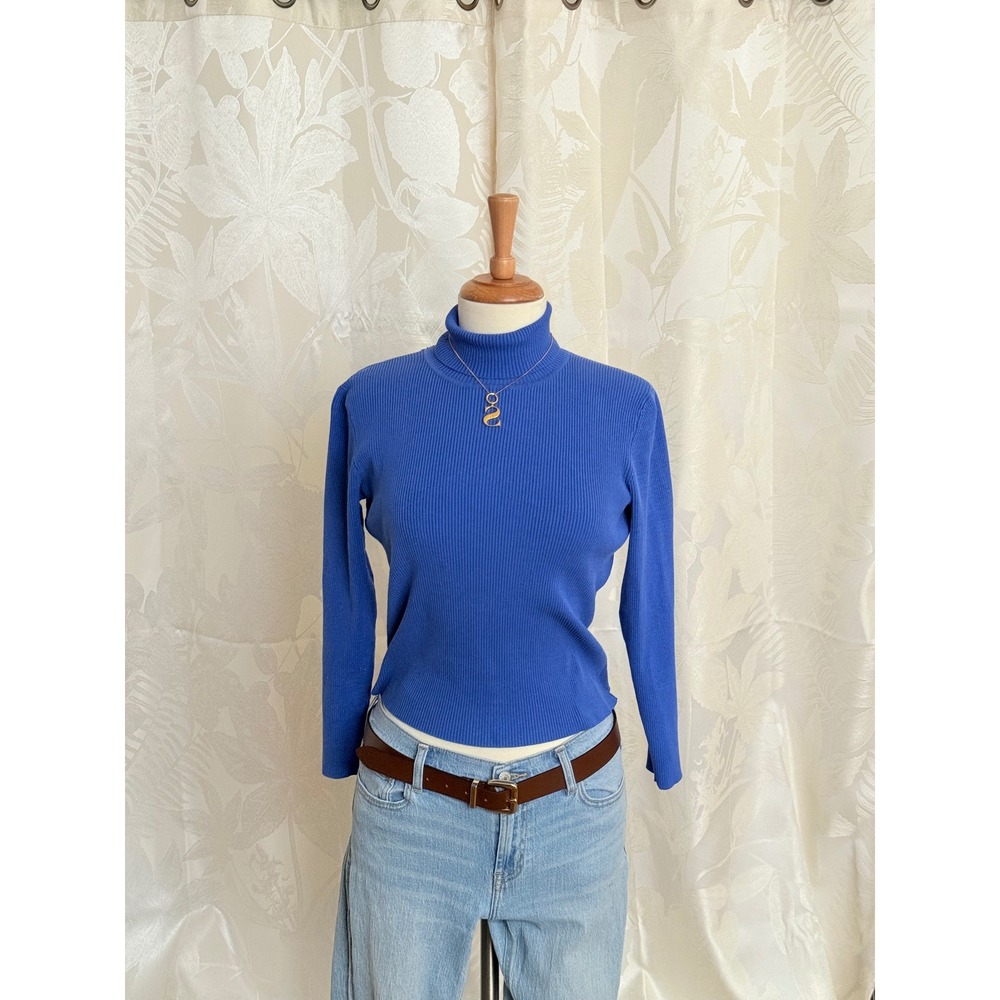 Cable & Gauge Petites Ribbed Turtleneck Sweater Blue Silk‎ Blend Size PL